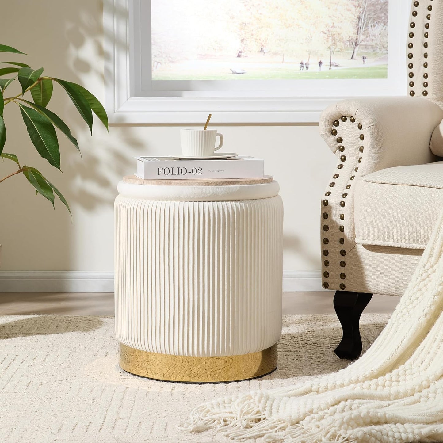Royal Windsor Round Ottoman with Storage Set of 2, Vanity Stool with Storage for Bedroom, Ottoman Coffee Table Gold-Tone Ring Around The Base, Small Velvet Foot Stool for Living Room, Beige