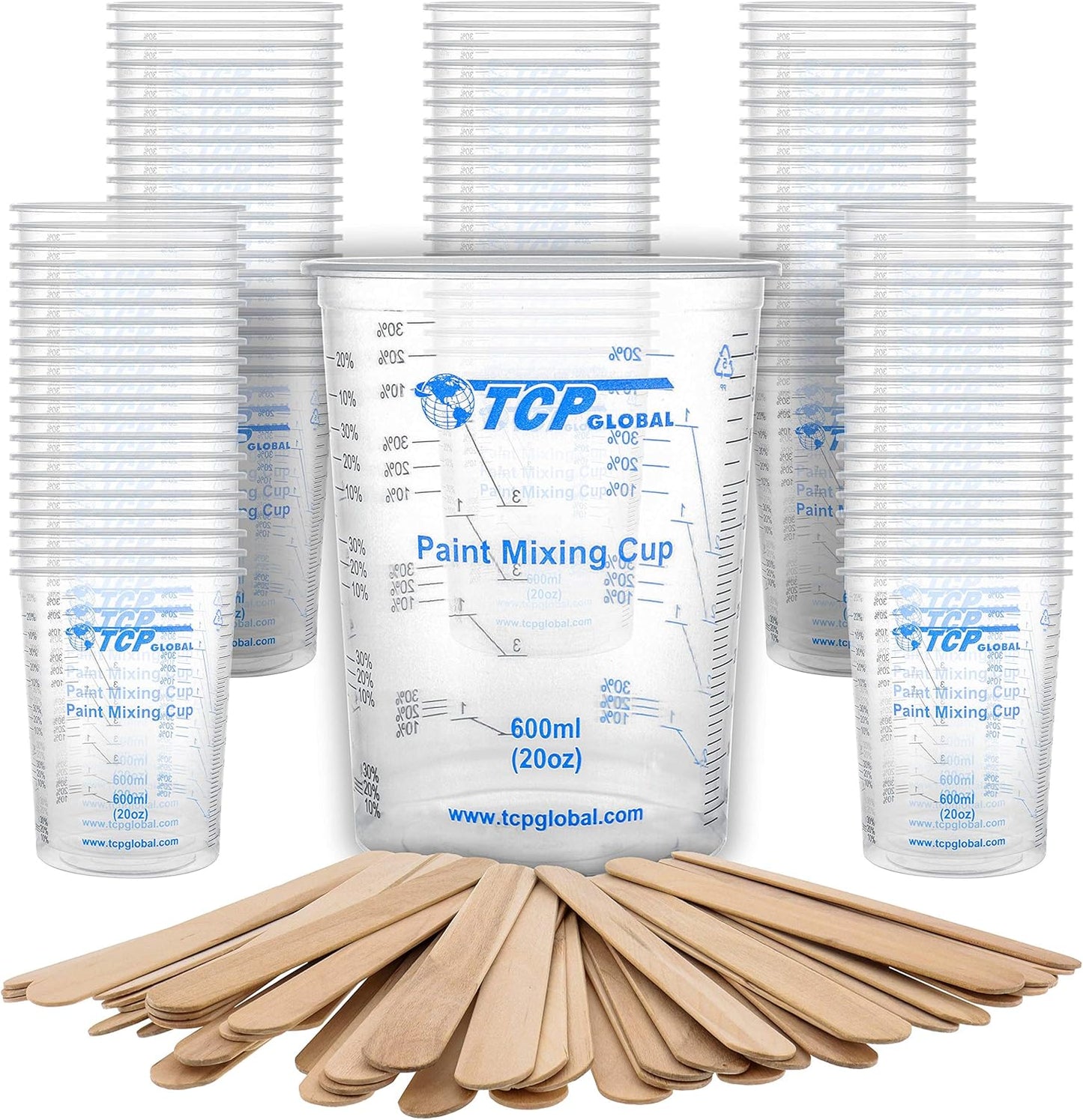 TCP Global 20 oz. (600ml) Graduated Plastic Mixing Cups - Box of 100 with 50 Mixing Sticks - Disposable Plastic Measuring Cups for Liquids, Paints, Resin, Epoxy, Art, Kitchen - Ratios 2-1, 3-1, 4-1 ML