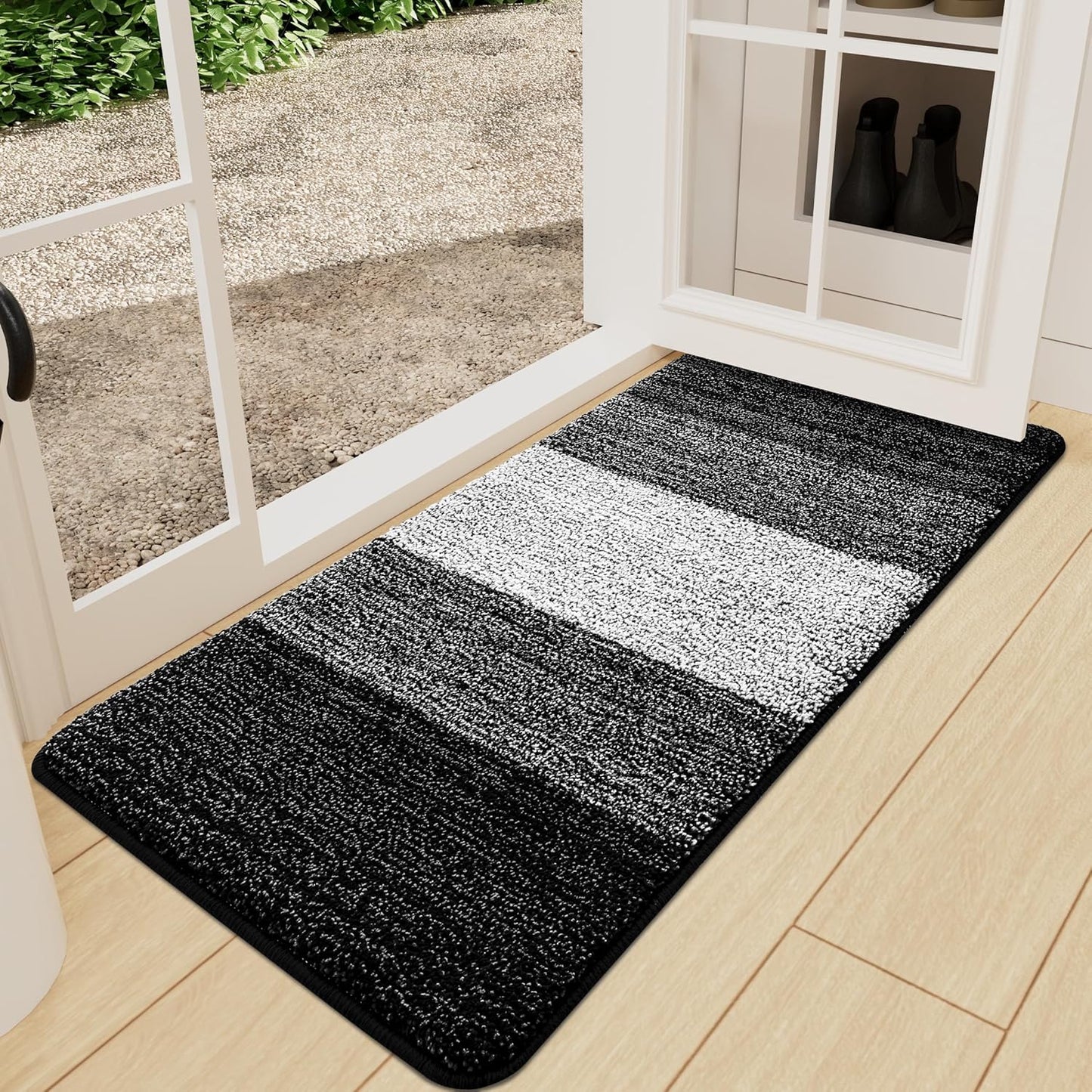 Kitinjoy Indoor Outdoor Door Mat, 71x24 Non-Slip Absorbent Dirt Trapper, Low-Profile Washable Inside Entrance Front Floor Mat, Sturdy Soft Entry Doormats for Entryway, Black