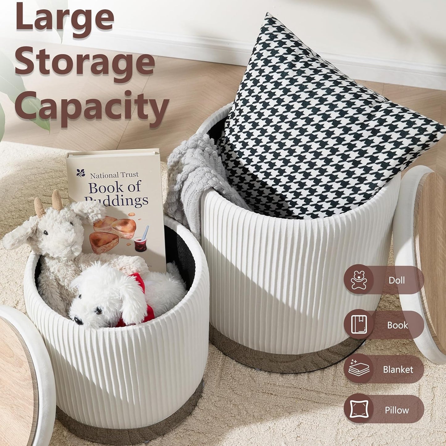 Royal Windsor Round Ottoman with Storage Set of 2, Vanity Stool with Storage for Bedroom, Ottoman Coffee Table Silver-Tone Ring Around The Base, Small Velvet Foot Stool for Living Room, White