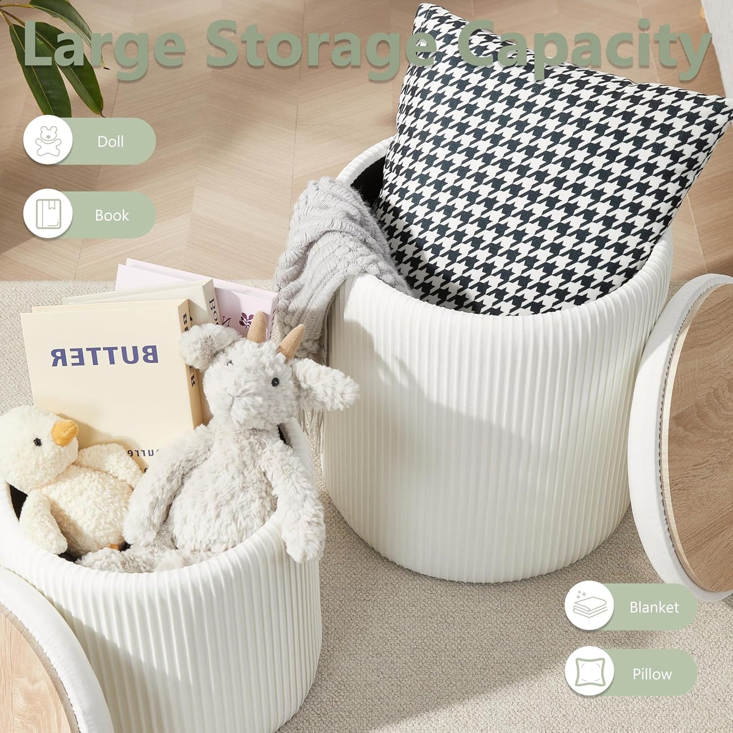 Round Ottoman with Storage Set of 2,Vanity Stool with Storage for Bedroom, Ottoman Coffee Table,Small Velvet Foot Stool for Living Room, White