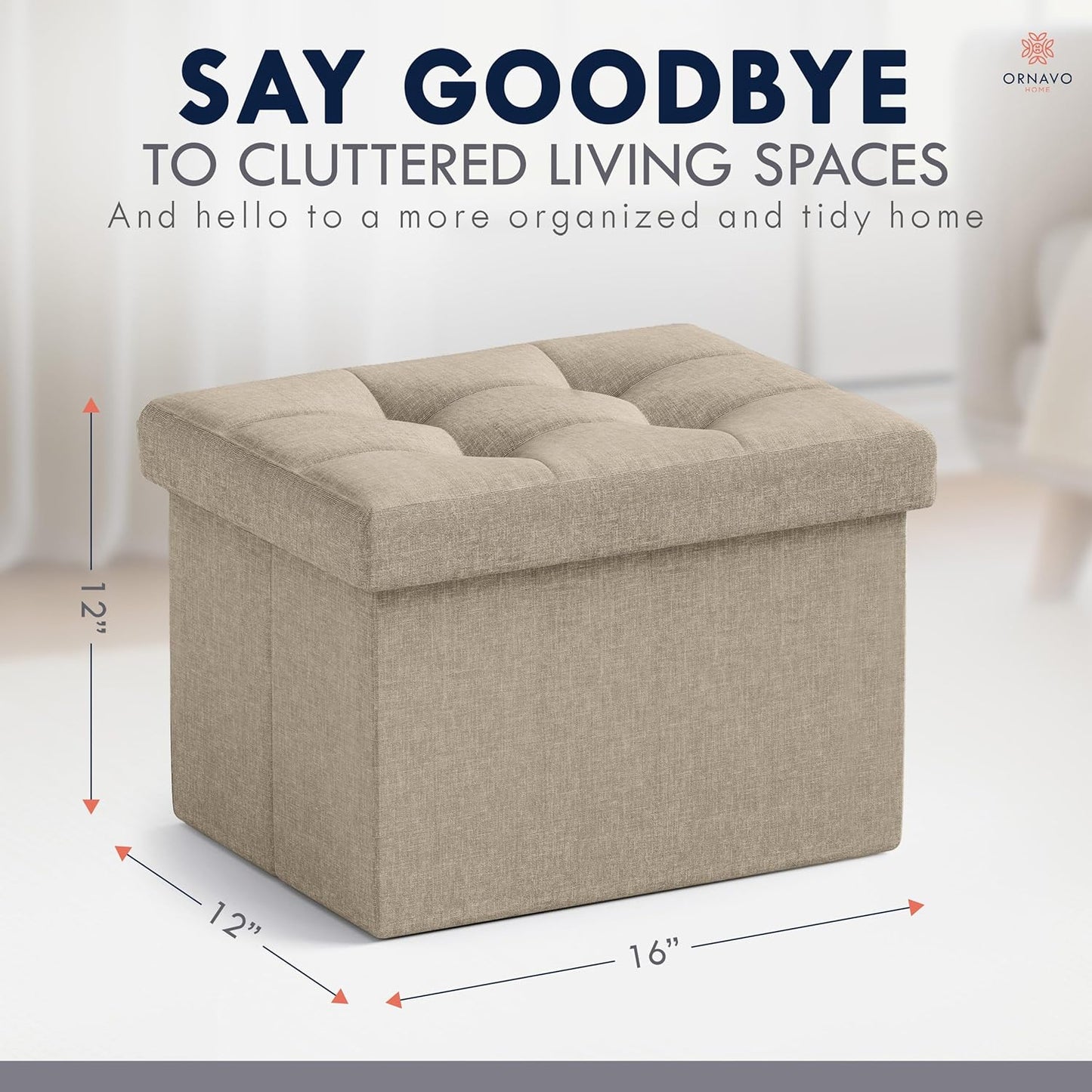 Ornavo Home Small Storage Ottoman, Set of 2, Foldable Collapsible Rectangle Linen Ottoman Foot Rest Stool Seat, for Living Room, Bedroom, Home Office, Dorm - 12 x 16 x 12, Taupe