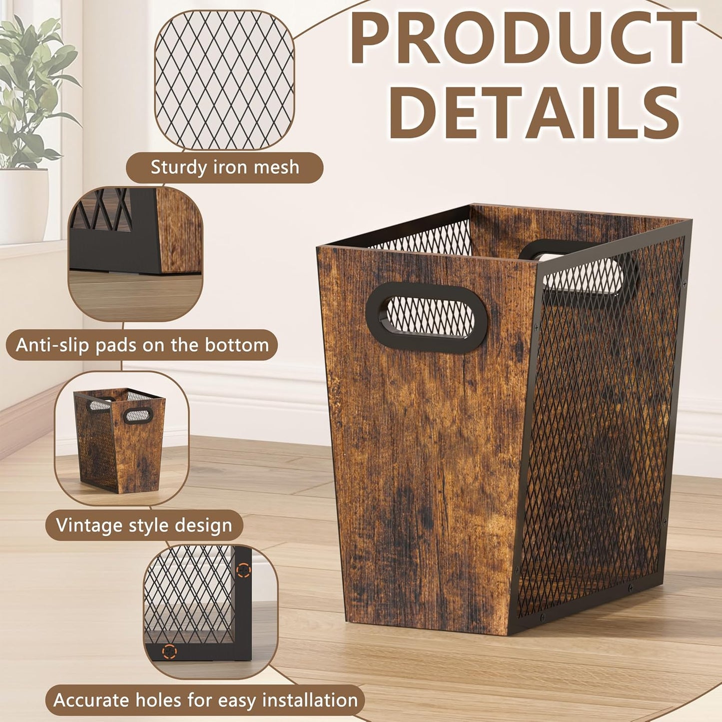 Piskyet Rustic Office Trash Can for Near Desk, 4.5 Gallon Unique Wood Bedroom Garbage Can,Vintage Wastebasket with Handle, Decorative Trash Can for Home Office,10.8" L x 7.8" W x 11.8" H