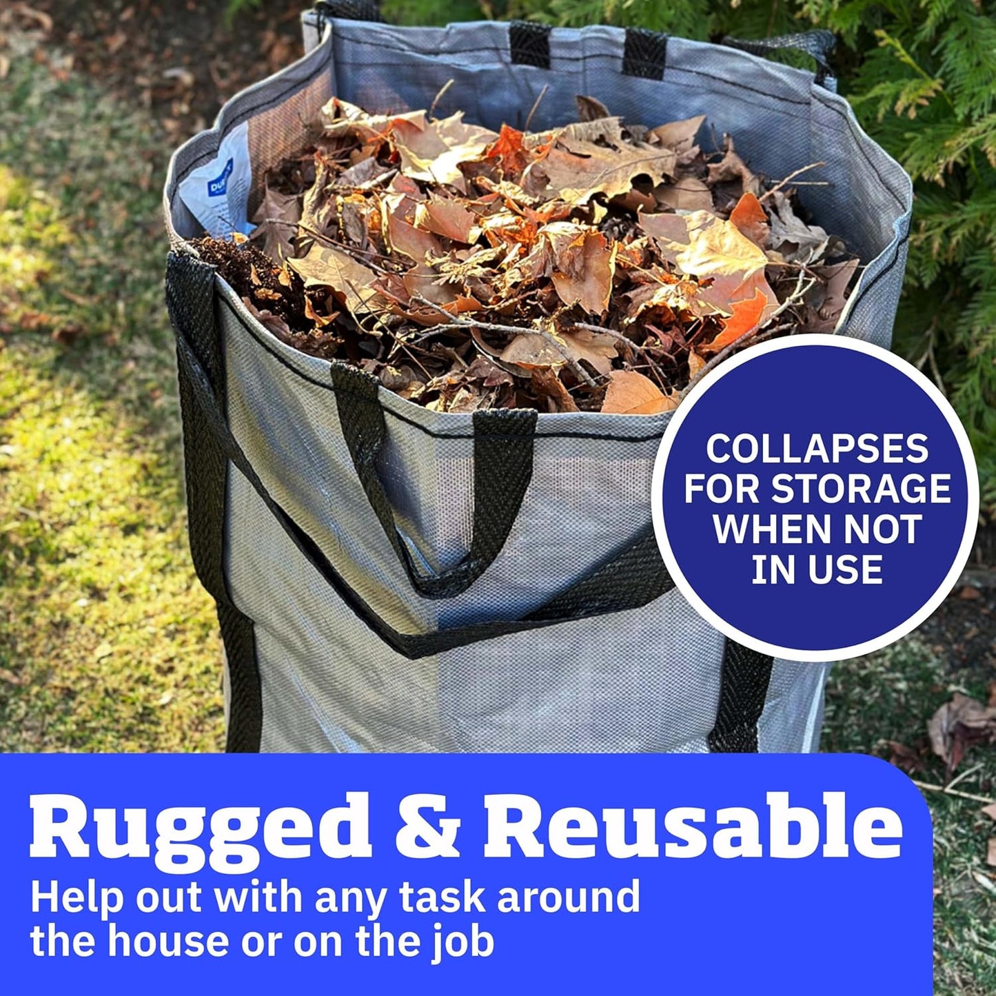 DURASACK Heavy Duty Home and Yard Bags 48-Gallon Reusable Self-Standing Lawn and Leaf Bags Garbage Can with Reinforced Handles, Gray