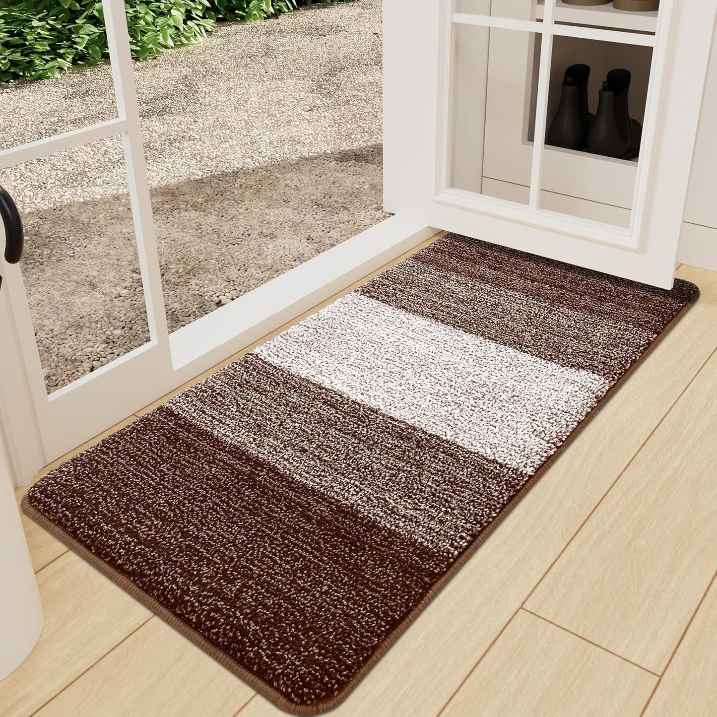 Kitinjoy Indoor Outdoor Door Mat, 47x24 Non-Slip Absorbent Dirt Trapper, Low-Profile Washable Inside Entrance Front Floor Mat, Sturdy Soft Entry Doormats for Entryway, Brown