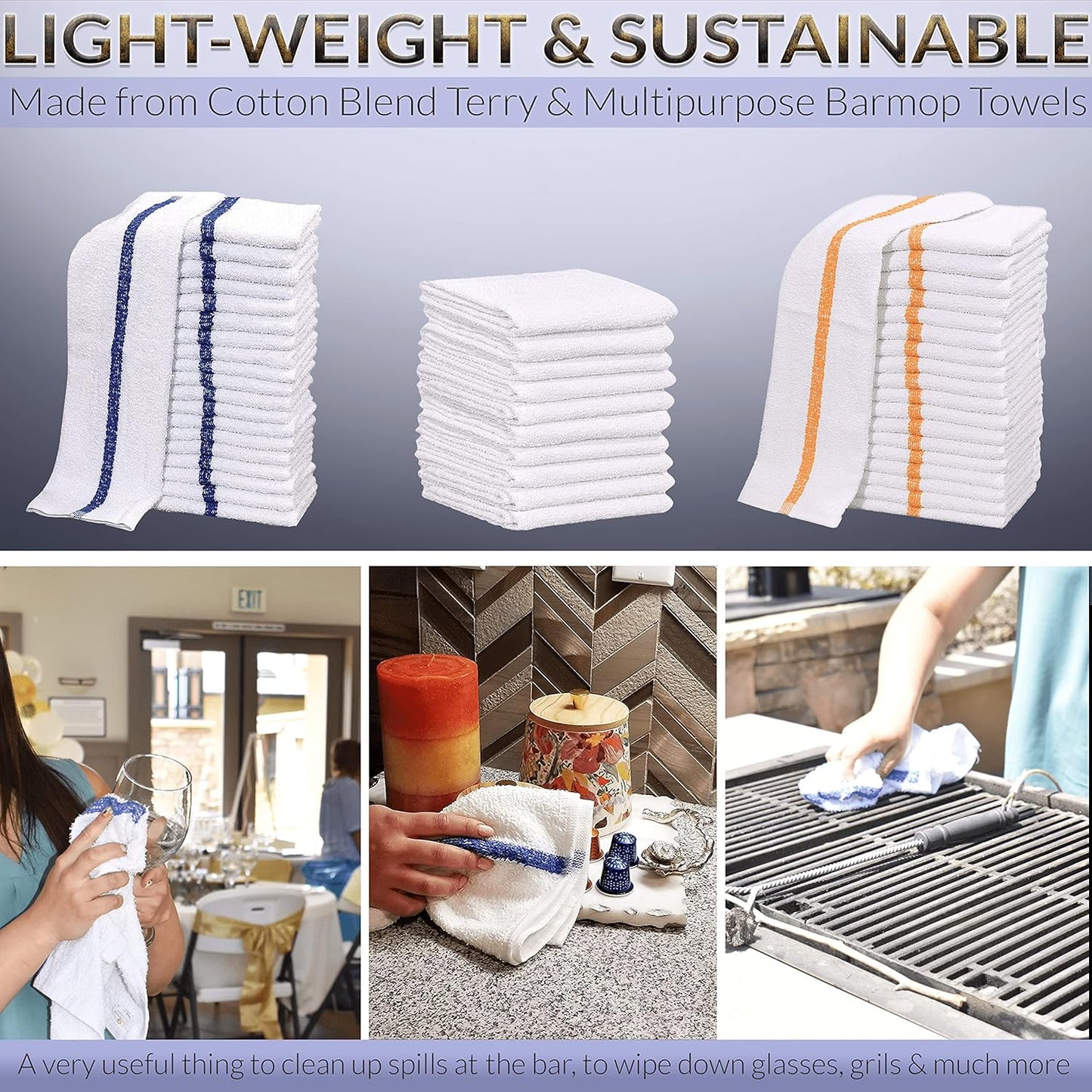 60 PC New Cotton Blend White Restaurant Bar Mops Kitchen Towels (5 Dozen) (60, Gold Stripe)