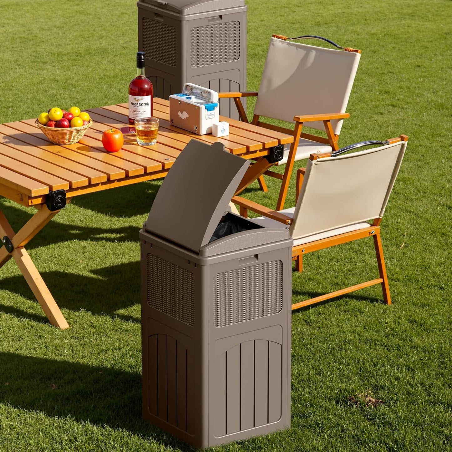 Devoko 33 Gallon Outdoor Trash Can with Dual Lid, Heavy Duty Waterproof Resin Garbage Bins Outside, Hideaway Waste Bins for Patio, Outside Pool, Backyard and Deck (2, Brown)