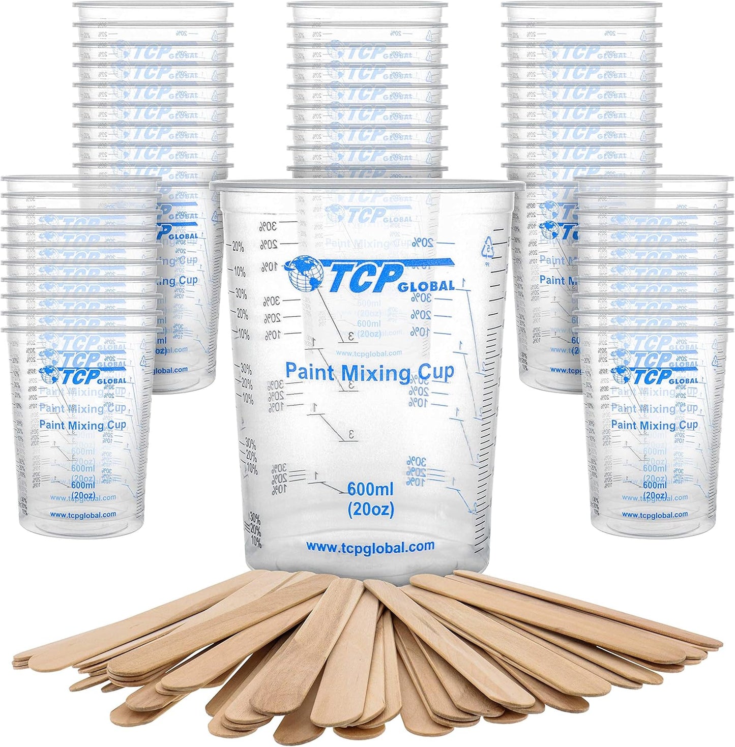 TCP Global 20 oz. (600ml) Graduated Plastic Mixing Cups - Box of 50 with 50 Mixing Sticks - Disposable Plastic Measuring Cups for Liquids, Paints, Resin, Epoxy, Art, Kitchen - Ratios 2-1, 3-1, 4-1 ML