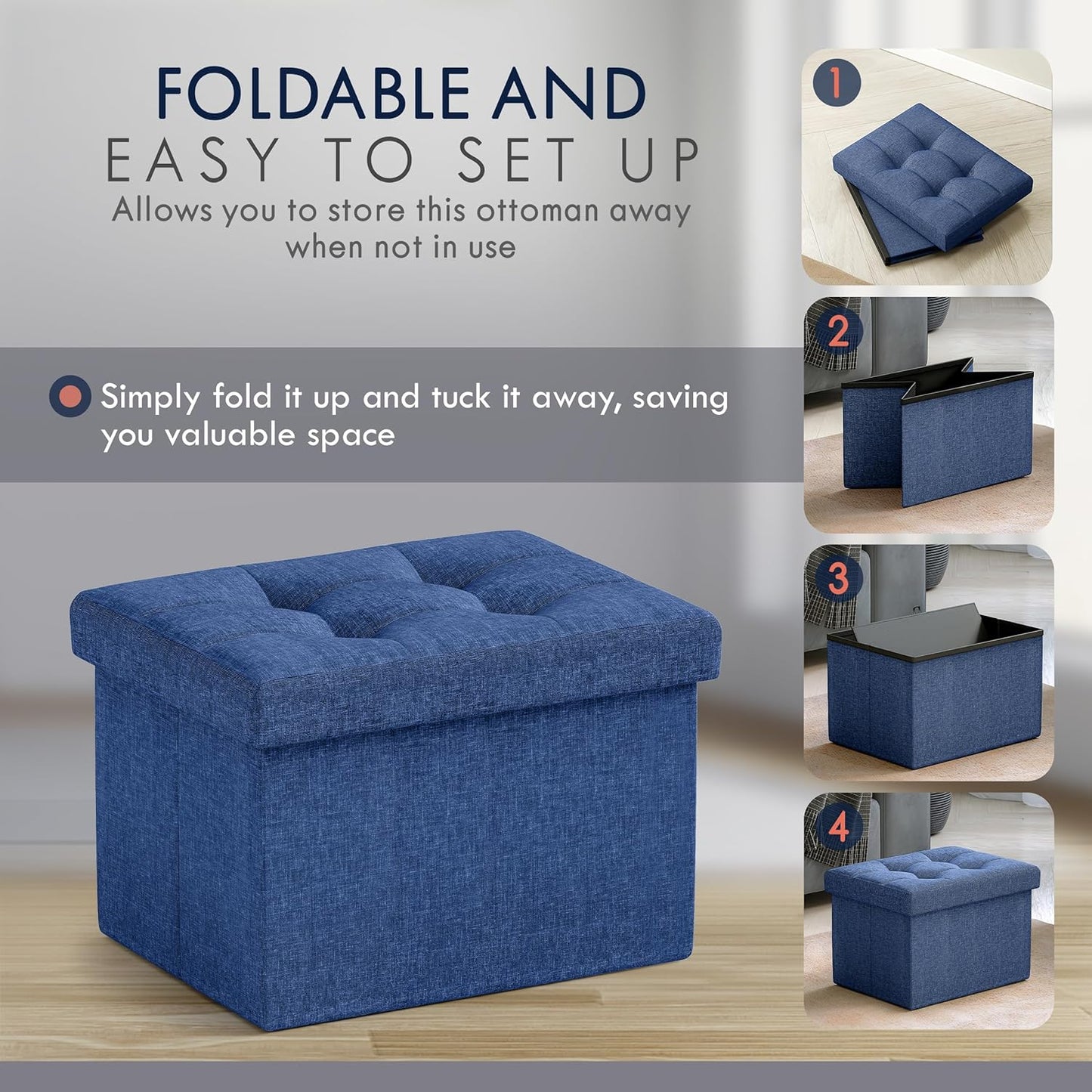 Ornavo Home Small Storage Ottoman, Set of 2, Foldable Collapsible Rectangle Linen Ottoman Foot Rest Stool Seat, for Living Room, Bedroom, Home Office, Dorm - 12 x 16 x 12, Navy Blue