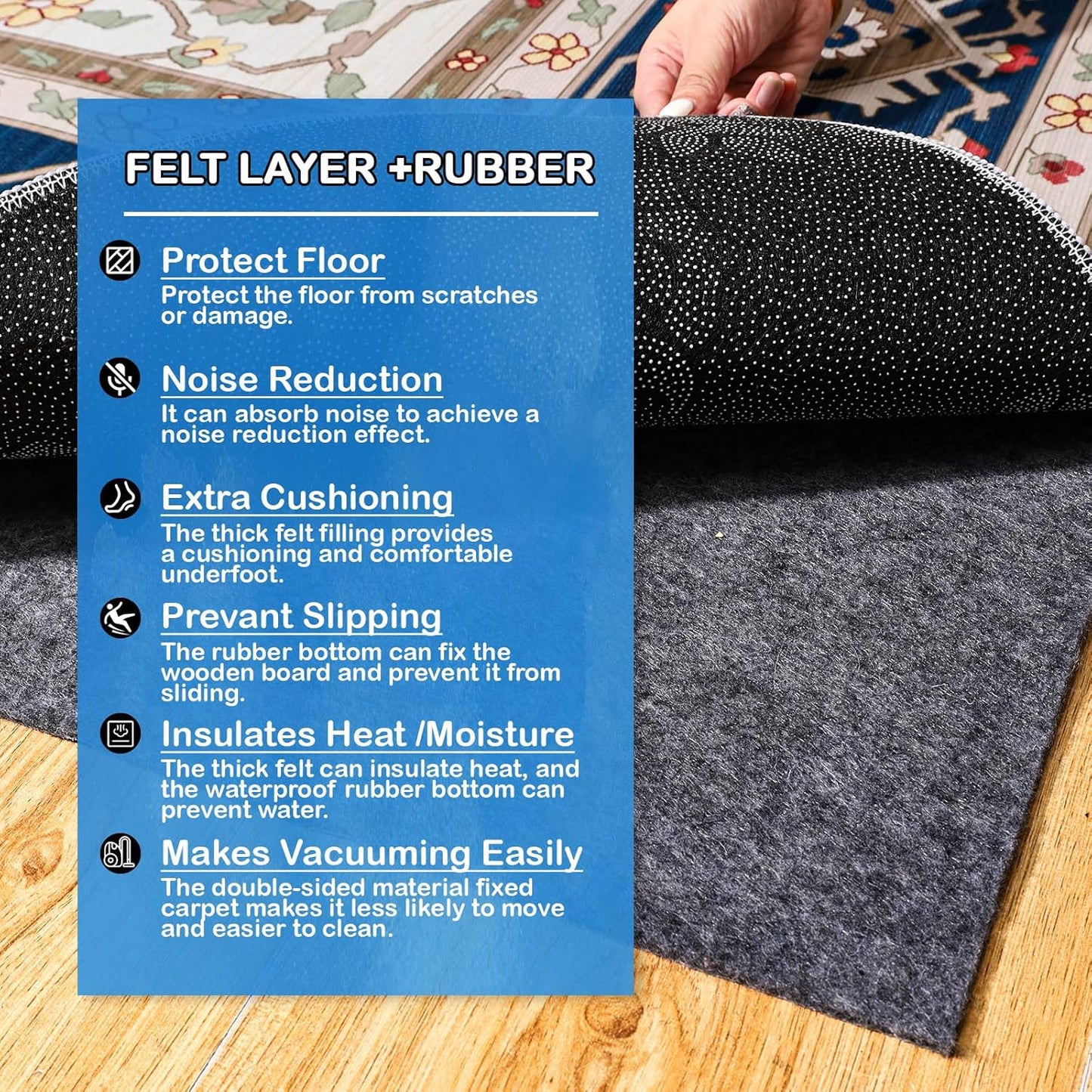 Non-Slip Rug Pads 1/4” Thick, 8x10Ft Waterproof Rugs Non Skid Rug Pad for All Floors and Finishes Durable Hardwood Floor Protective Felt Keeps Rugs in Place, Safe and Secure