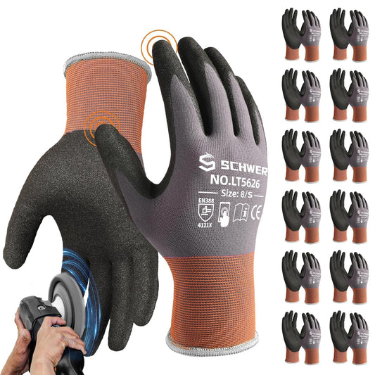 Schwer 12 Pairs Safety Work Gloves with Sandy Nitrile Coating LT5626, Max Abrasion Resistance Heavy Duty Gloves with Grip for Men and Women, Ideal for General Use, Mechanic, Construction, Gardening, S