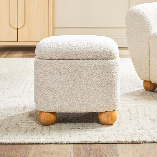 Walker Edison Linley Contemporary Small Storage Bouclé Ottoman with Wood Legs, Ivory