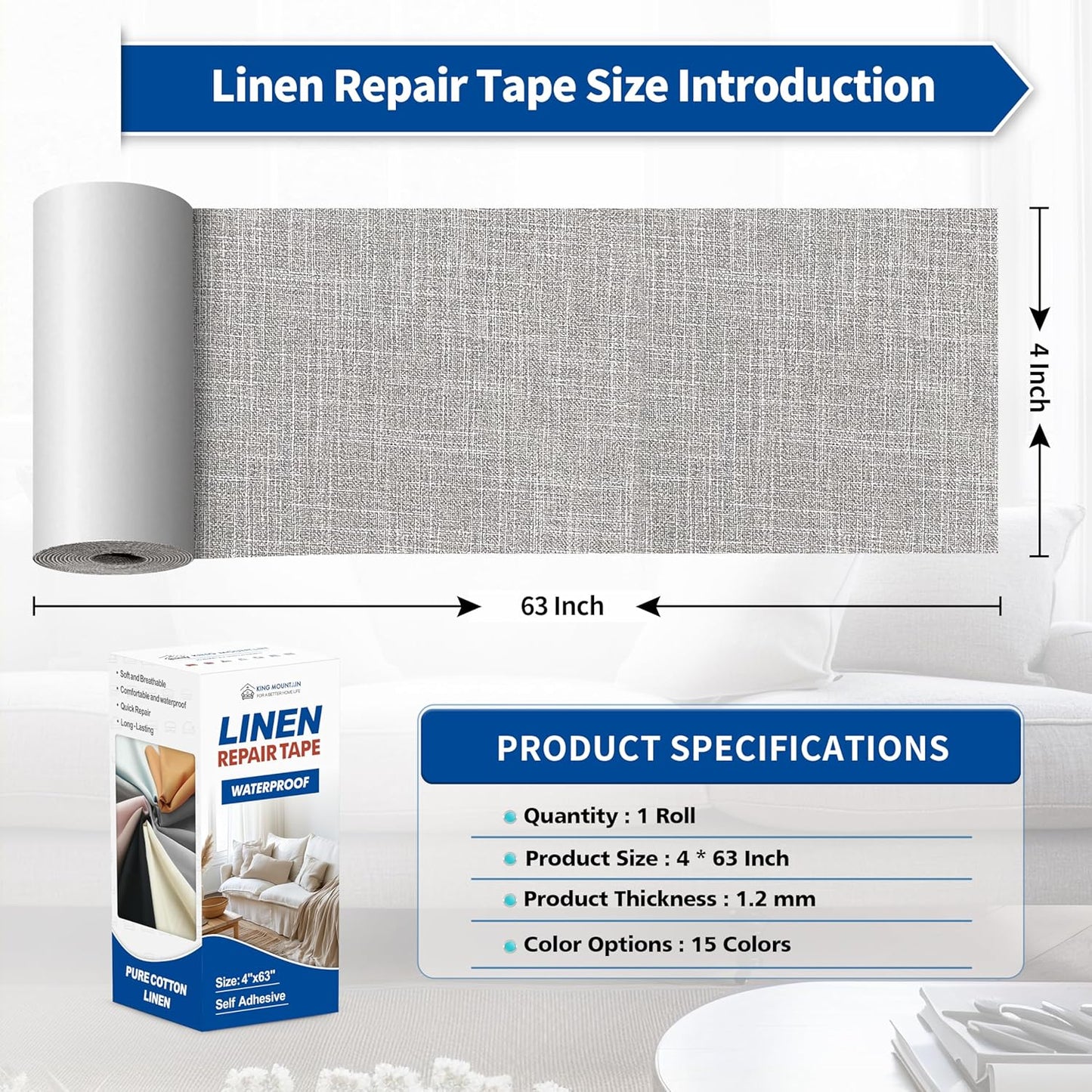 KING MOUNTAIN Linen Repair Patches, Self-Adhesive Fabric Patches, 4 X 63 inch Extra Size, Multi Color, Can be Used for Sofa Repair and Linen Clothes Repair (Light Grey 2.0)