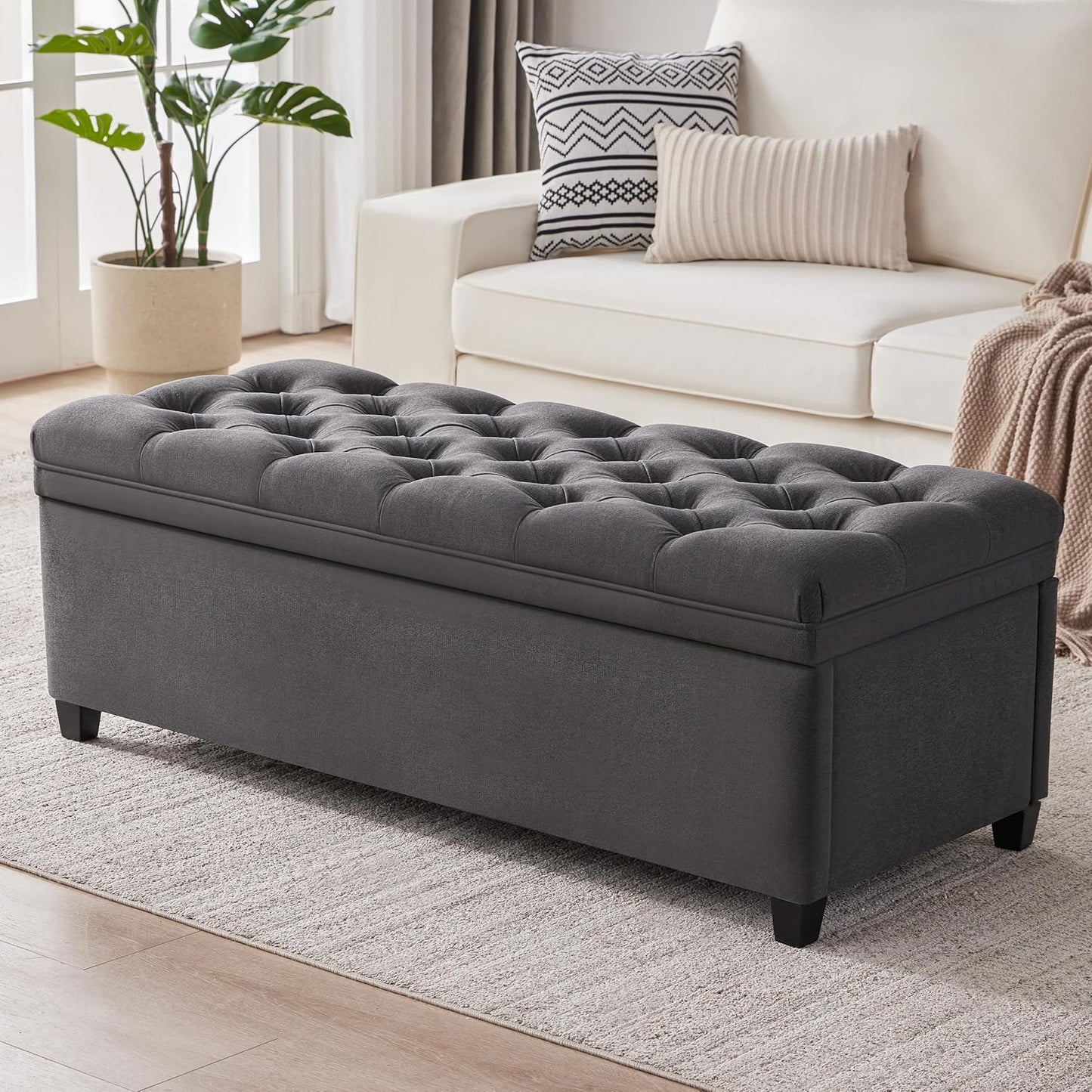 50" Storage Ottoman Bench, Tufted Ottoman with Storage for Living Room, Large End of Bed Ottomans, Modern Entryway Benchs, Window & Bedroom Benches for Foot of Bed (Darkgray)