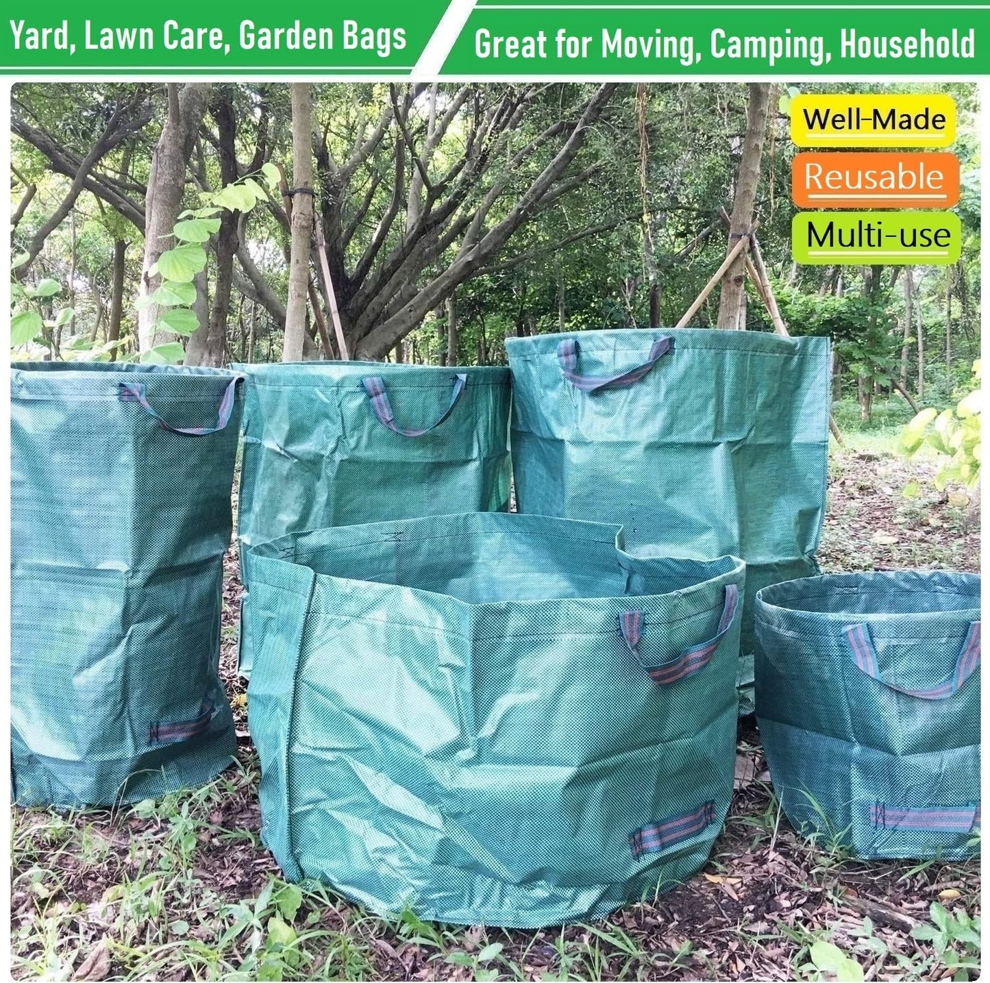 Professional 3-Pack 63 Gallons Lawn Garden Bags (D31, H19 inches) Reusable Yard Waste Bag with Gardening Gloves - Patio Standable Bag,Leaf Bag,Trash Containers,Plant Clippings Bag with 4 Handles