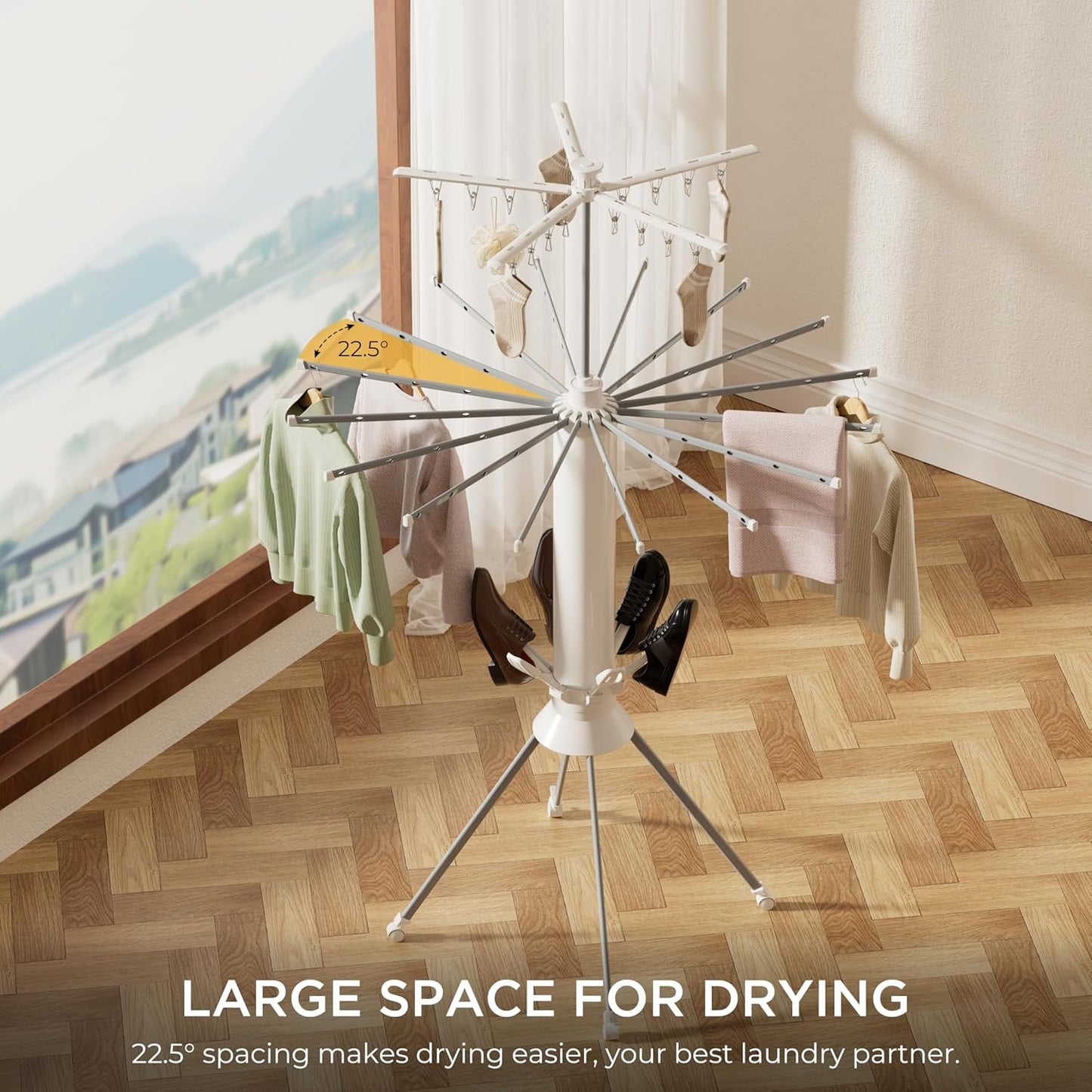 Clothes Drying Rack, 4-Legged Portable Drying Rack Clothing with 20 Clips, Shoe Dryer Rack, Outdoor Foldable Laundry Drying Racks with 4 Pulleys, Aluminum Hanging Dry Rack