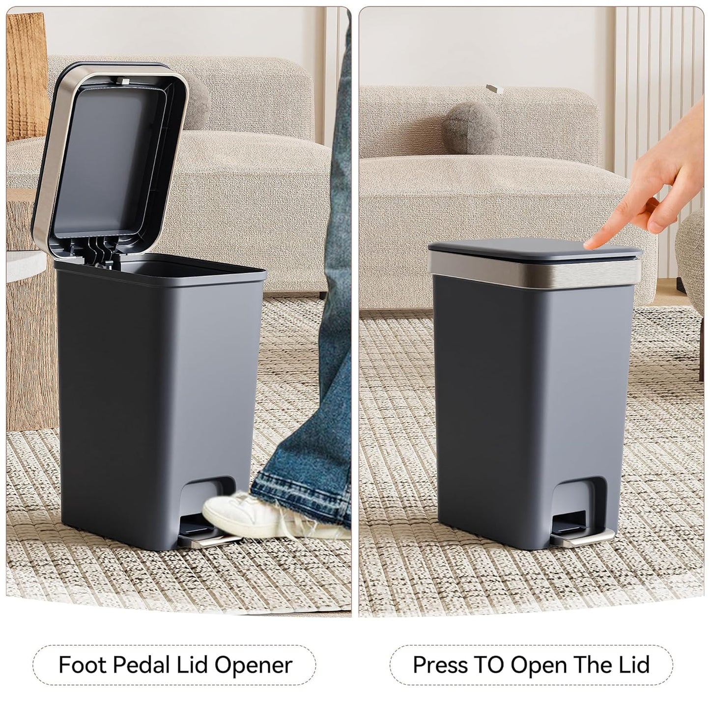 Small Bathroom Trash Can with Lid Soft Close, 10 Liter/2.6 Gallon Slim Garbage Can-Metal Step and Press top Lid, Mini Modern Waste Basket for Toilet, Office, Bedroom,Dorm,Dark Gray