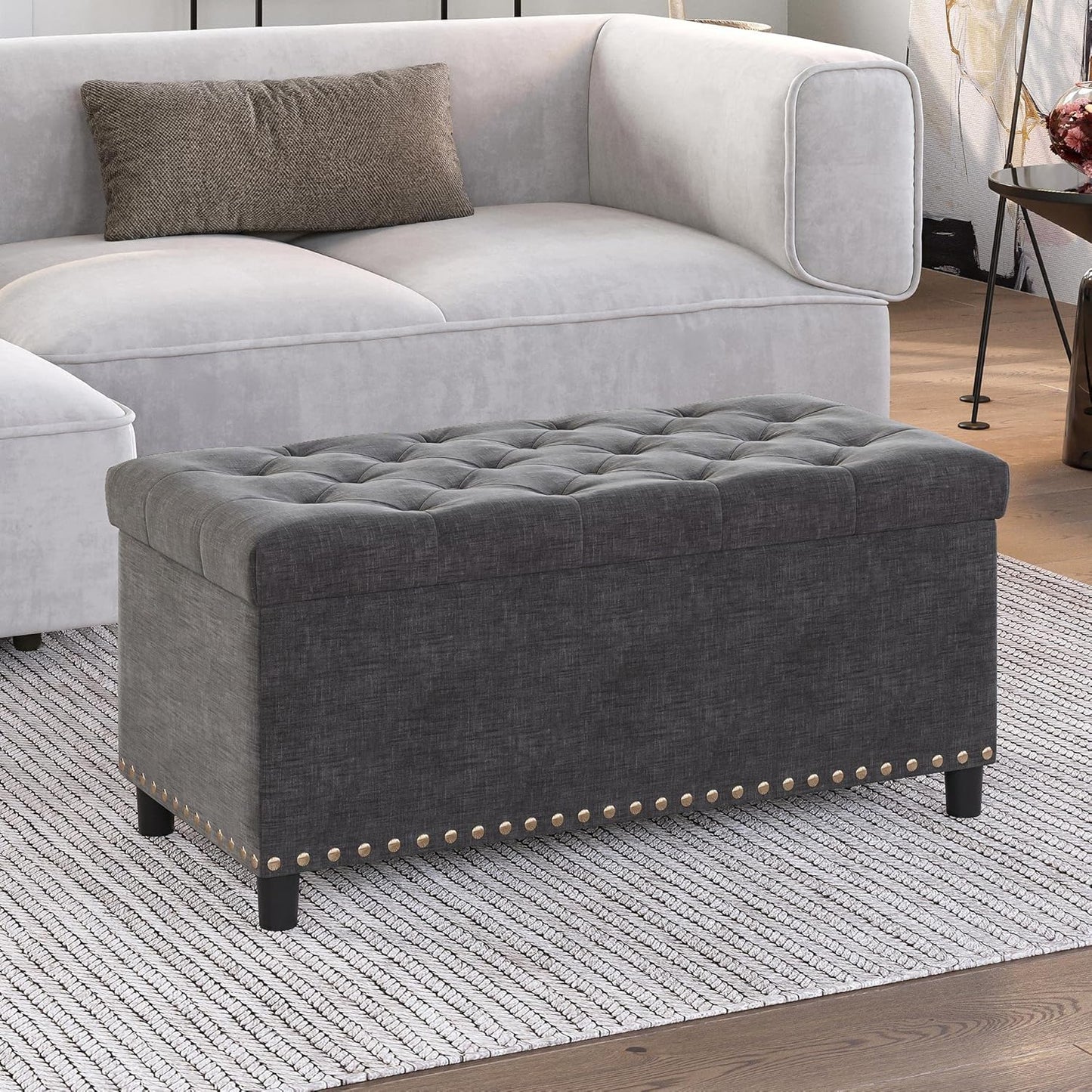 BELLEZE 35" Tufted Ottoman, Storage Bench with Safety Close Hinge, Ottoman with Storage for Living Room, Entryway, Hallway, Foot Rest, Support 300lbs - Dark Grey