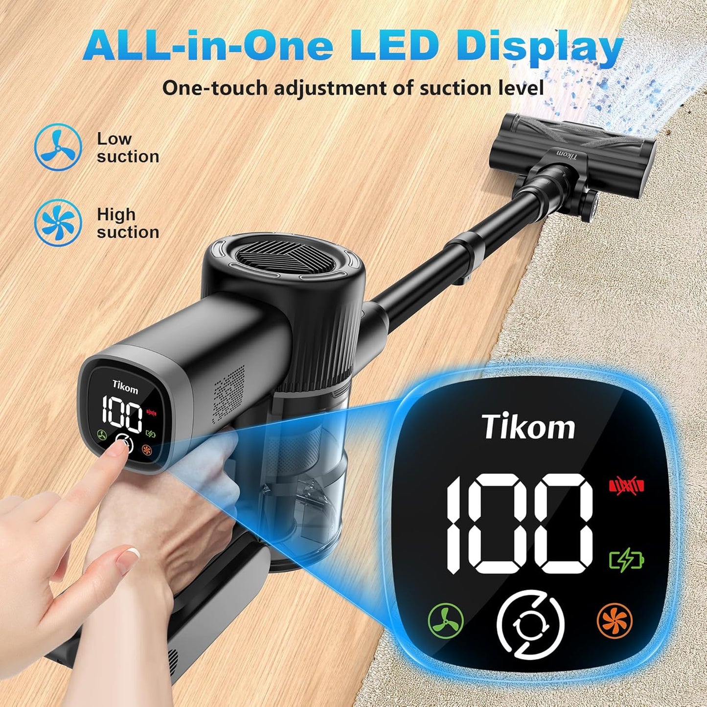 Tikom Cordless Vacuum Cleaner for Home, 40000Pa/450W Stick Vacuum with Charging Wall Dock, Anti-Tangle, Lightweight Handheld Vacuum for Pet Hair, Hard Floor, Carpet, V450