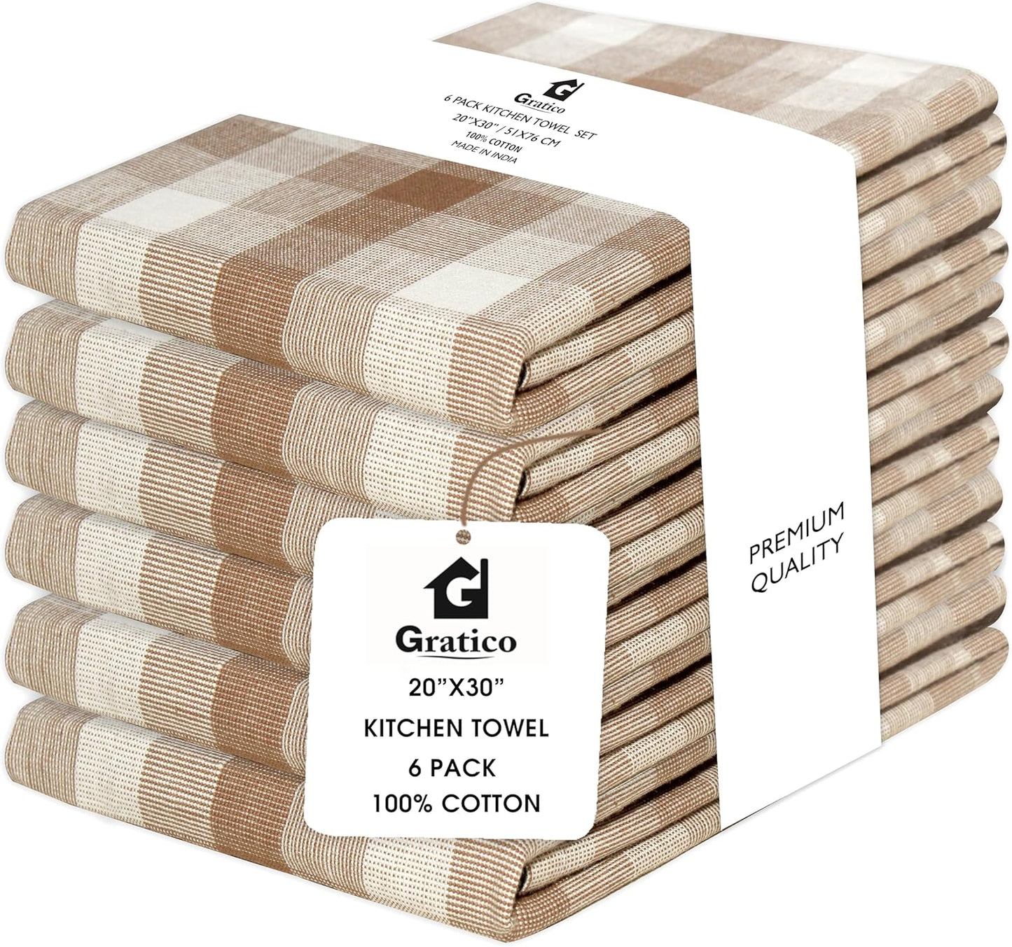 Kitchen Towels Set of 6 Brown/Ivory Checks 20x30 Inches 100% Cotton Highly Absorbent Kitchen Towels Premium Quality Ultra Soft Mitered Corners