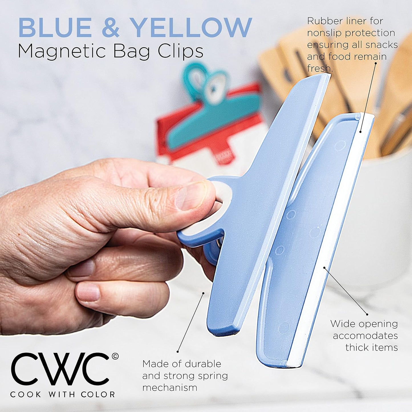 COOK WITH COLOR Bag Clips - Heavy Duty Chip Clip and Refrigerator Magnet Clips for Food Storage with Air Tight Seal Grip, Yellow and Blue, Pack of 4 Large Clips