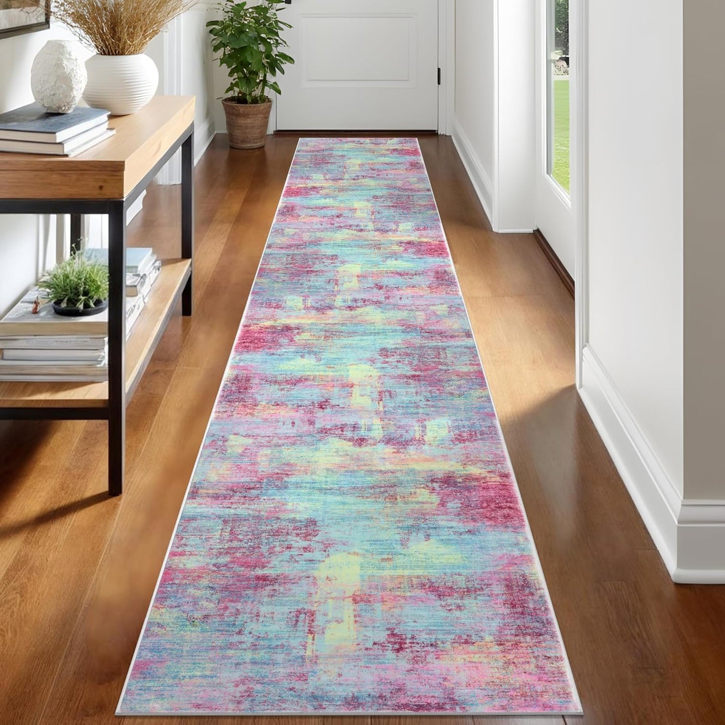 IOHOUZE Abstract Runner Rug 2x12 Ft Washable Runners for Hallways, Non Slip Kitchen Runner Printed Faux Wool Entryway Runner Indoor, Modern Abstract Floor Carpet for Hall Kitchen, Pink Teal