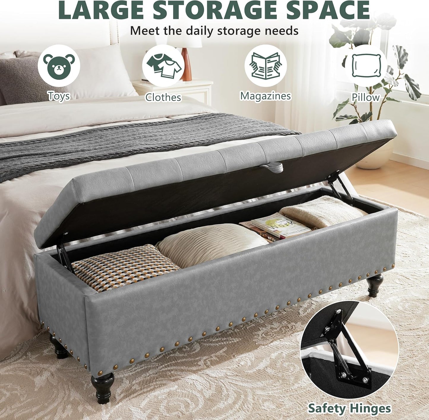 50" Storage Ottoman Bench, Tufted Ottoman with Storage for Living Room, Large End of Bed Ottomans, Modern Entryway Benchs, Window & Bedroom Benches for Foot of Bed (AshGray)