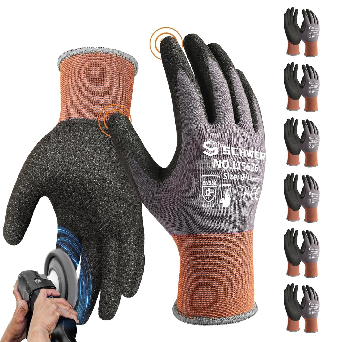 Schwer 6 Pairs Safety Work Gloves with Sandy Nitrile Coating LT5626, Max Abrasion Resistance Heavy Duty Gloves with Grip for Men and Women, Ideal for General Use, Mechanic, Construction, Gardening, L