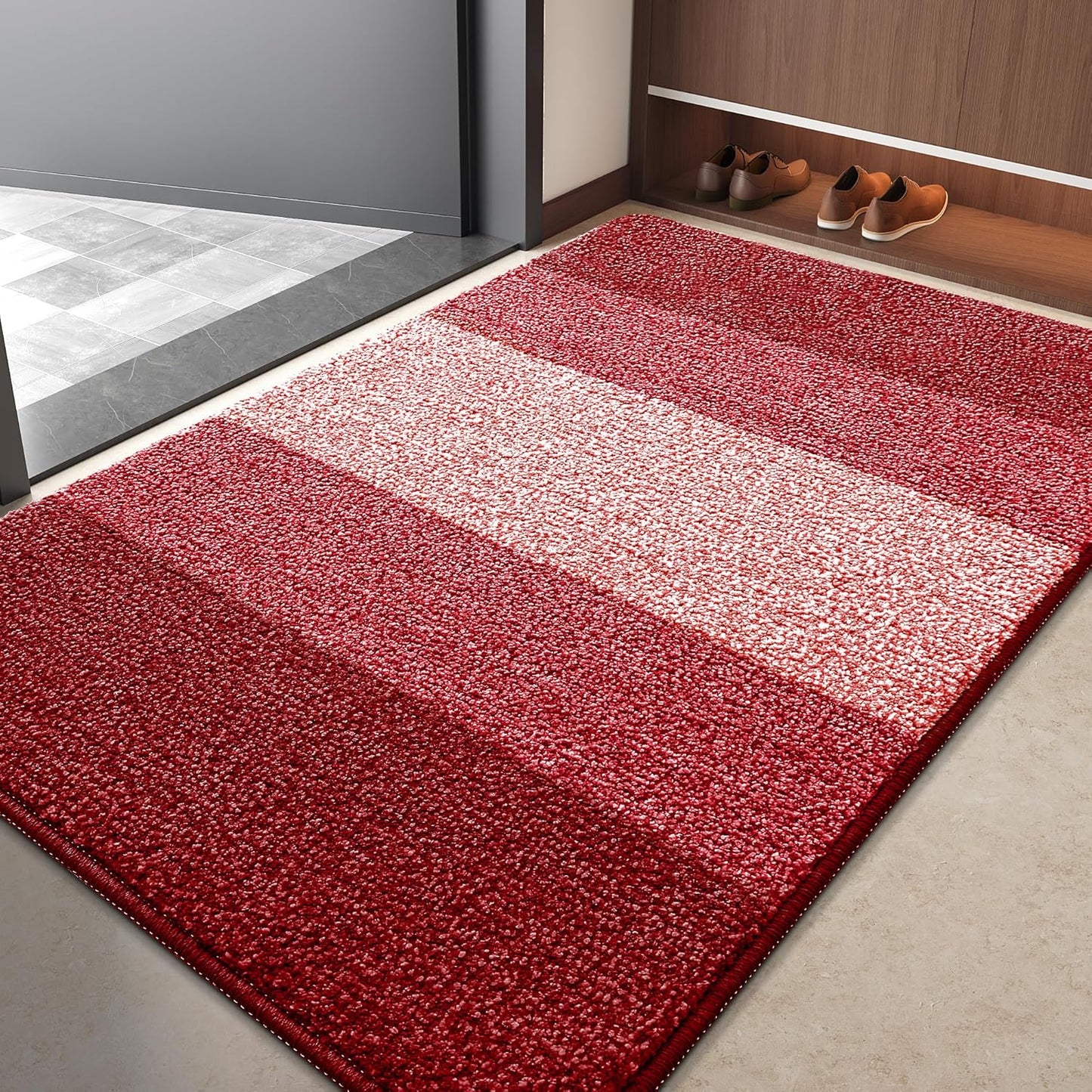 Kitinjoy Indoor Outdoor Door Mat, 40x32 Non-Slip Absorbent Dirt Trapper, Low-Profile Washable Inside Entrance Front Floor Mat, Sturdy Soft Entry Doormats for Entryway, Burgundy