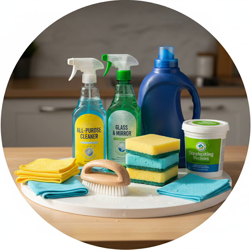 circle photo of cleaning supplies, make a real photo